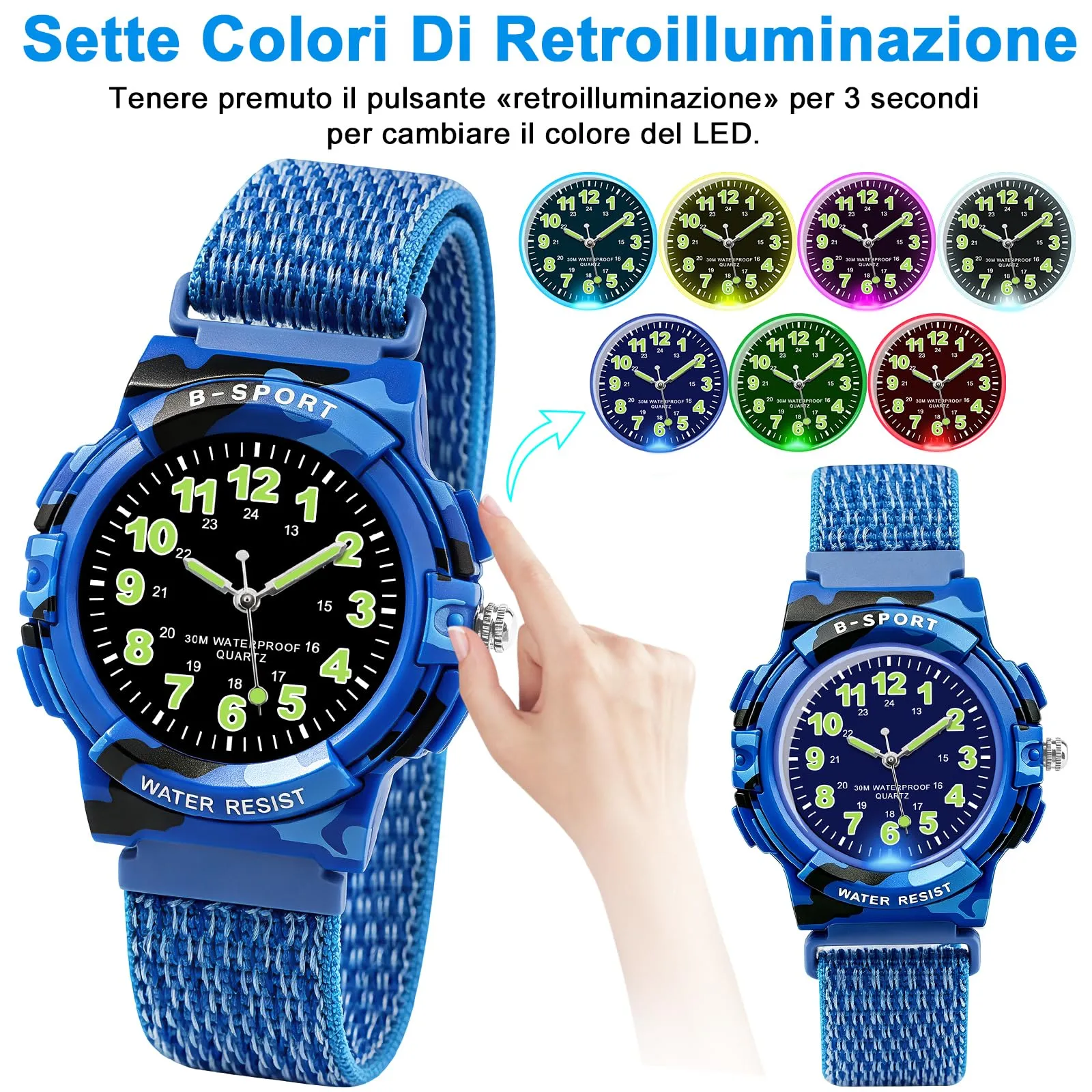 Juboos Orologio Analogico per Bambini, 7 Luci Notturne, Impermeabile, Cinturino Morbido, Quarzo, 5-18 Anni - immagine 3