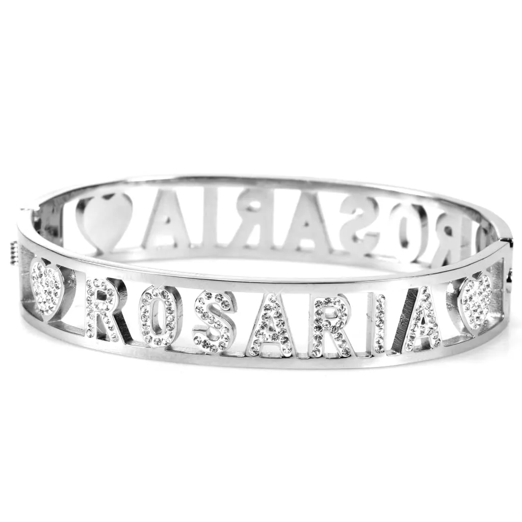 Flowers Bracciale Rigido in Acciaio con Nome Rosaria e Zirconi - immagine 1