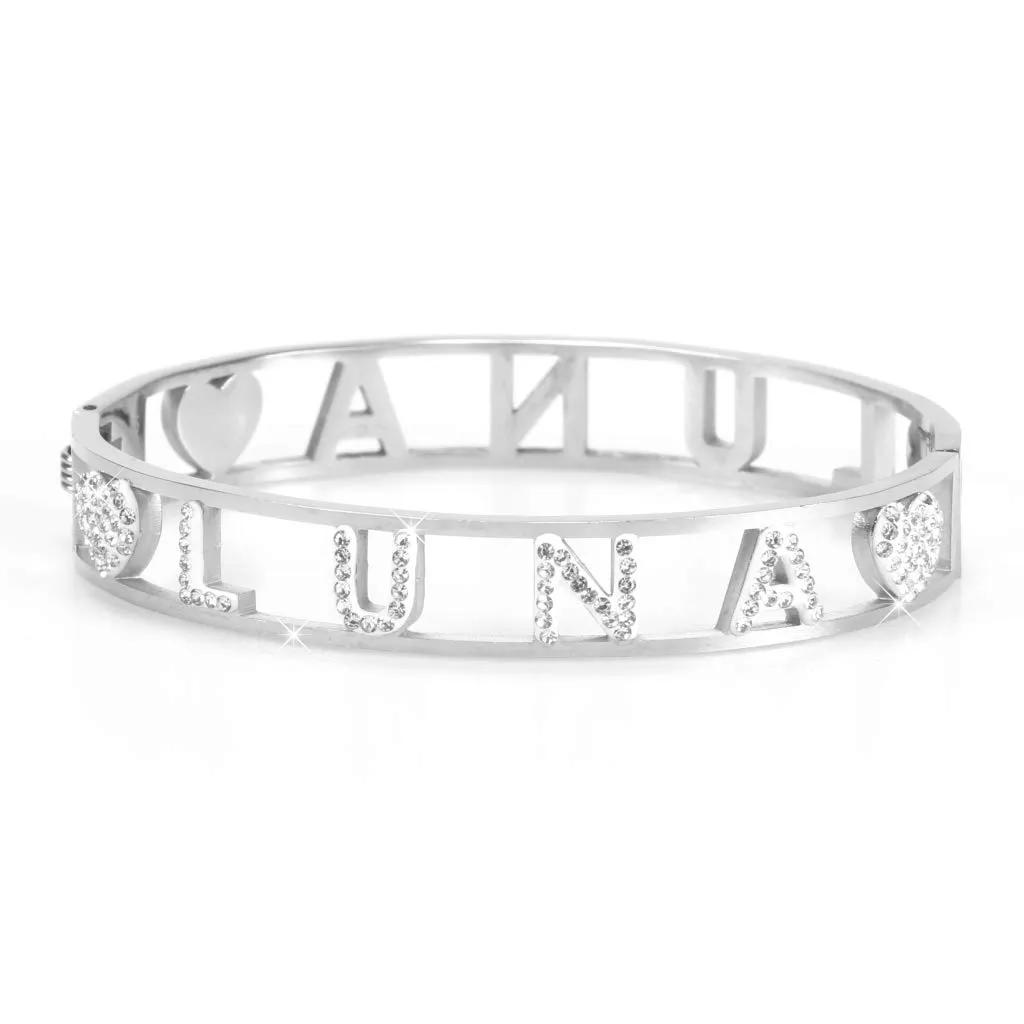 Flowers Bracciale Rigido in Acciaio con Nome e Zirconi Luna - immagine 1