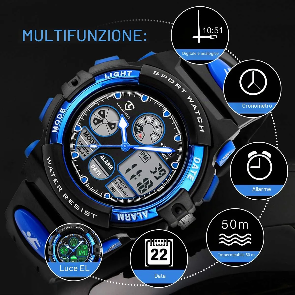 aswan watch Orologio Digitale Multifunzione per Bambini Impermeabile con Luce LED - immagine 4