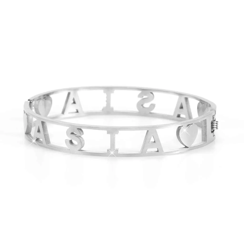 Flowers Bracciale Rigido in Acciaio con Nome e Zirconi, Chiusura a Molla (Asia) - immagine 2