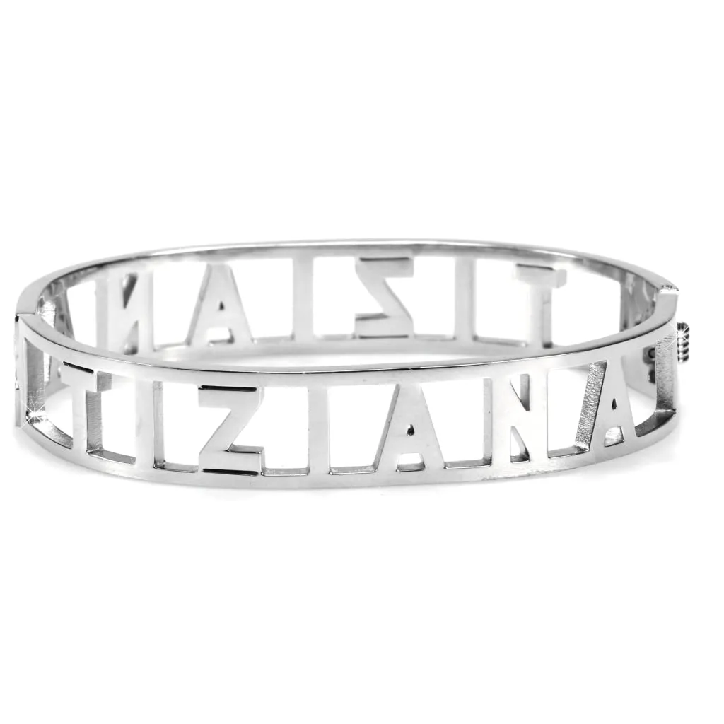 Flowers Bracciale Rigido in Acciaio con Nome Tiziana e Zirconi Argento - immagine 2