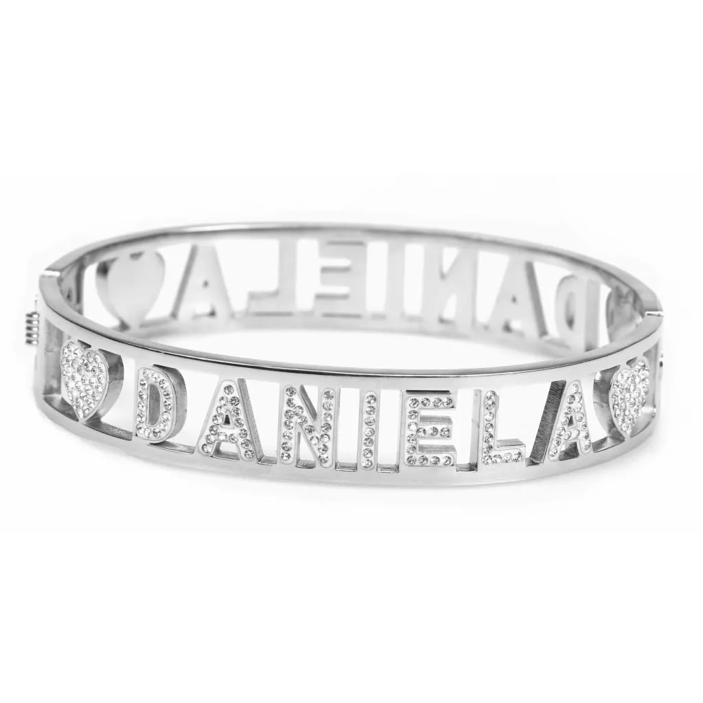 Flowers Bracciale Rigido in Acciaio con Nome Daniela e Zirconi, Chiusura a Molla, Argento - immagine 1