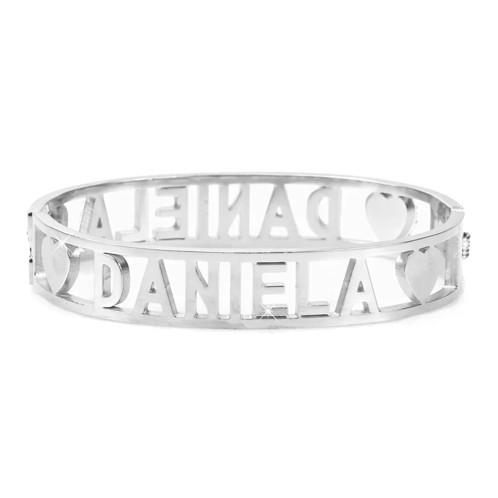 Flowers Bracciale Rigido in Acciaio con Nome Daniela e Zirconi, Chiusura a Molla, Argento - immagine 2