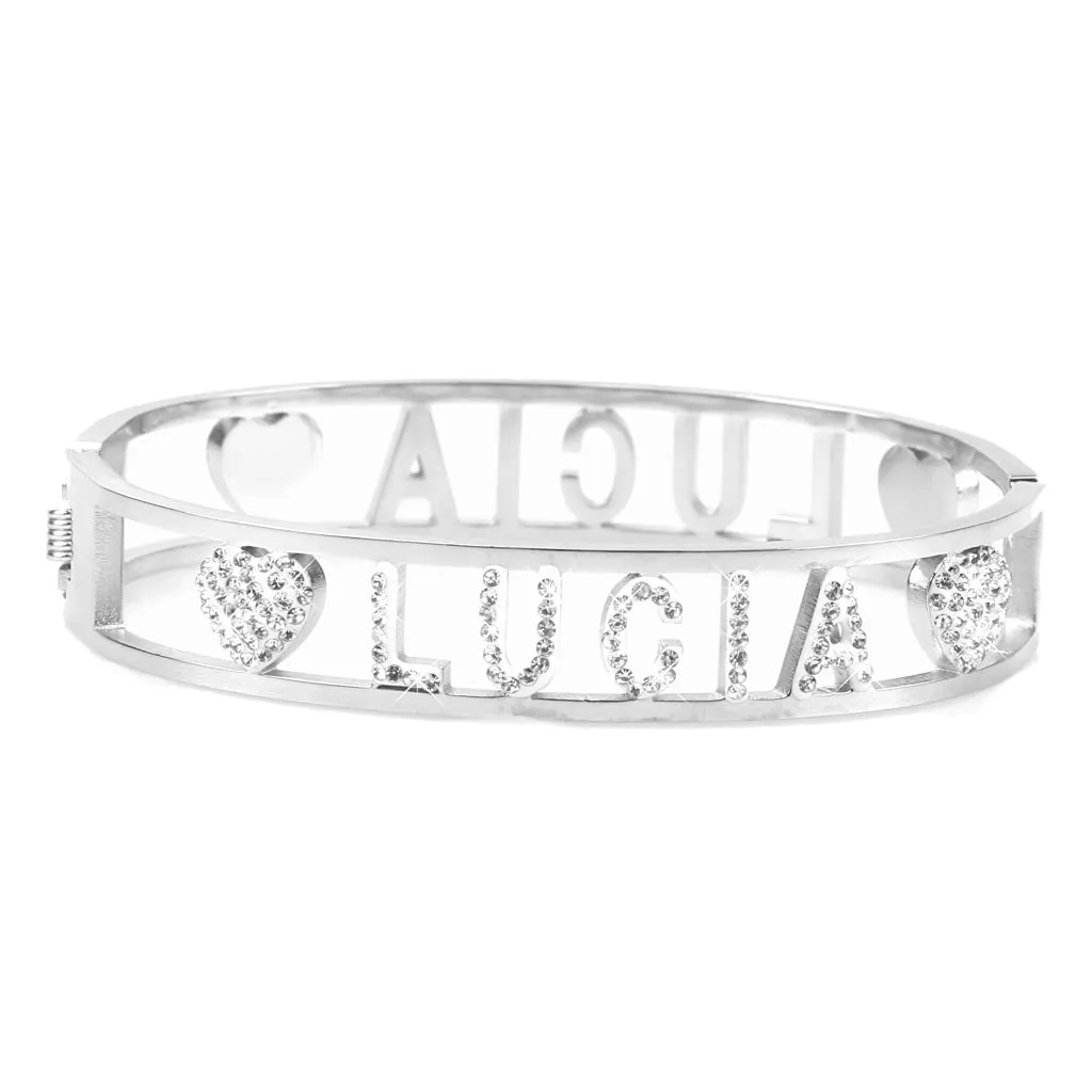 Flowers Bracciale Rigido in Acciaio con Nome Lucia e Zirconi, Chiusura a Molla - immagine 1