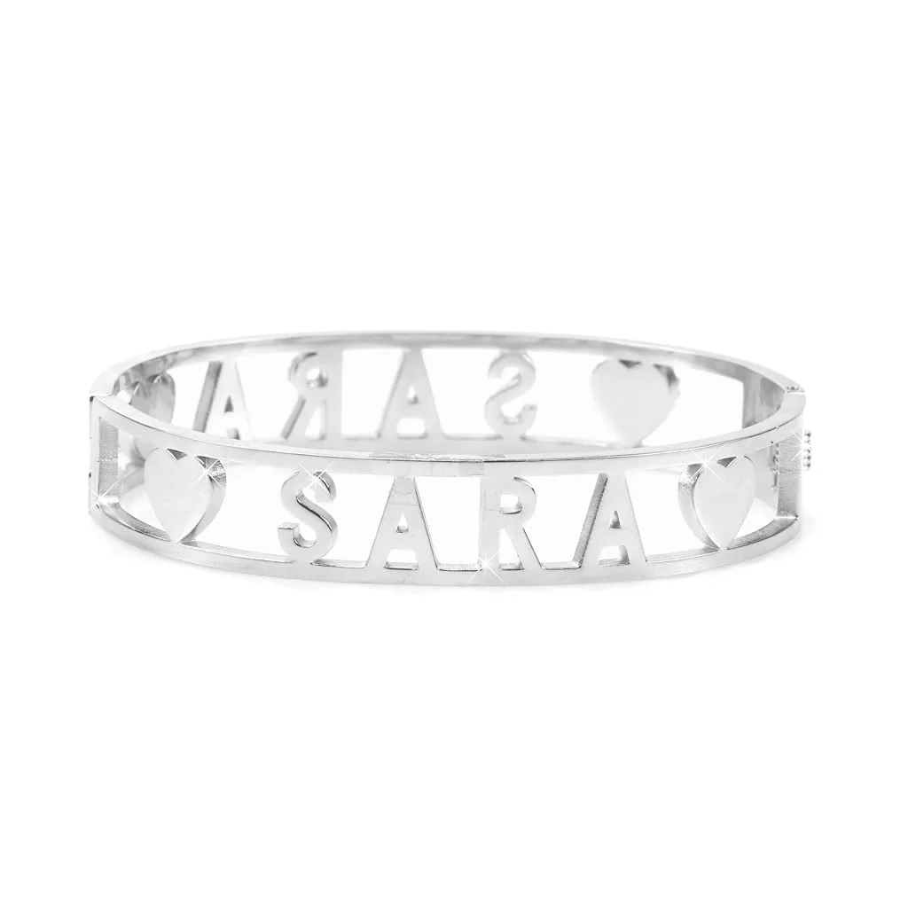 Flowers Bracciale Rigido in Acciaio con Nome e Zirconi, Chiusura a Molla (Sara 2) - immagine 2