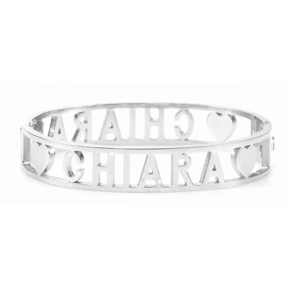 Flowers Bracciale Rigido in Acciaio con Nome e Zirconcini, Chiusura a Molla (Chiara 2) - immagine 2