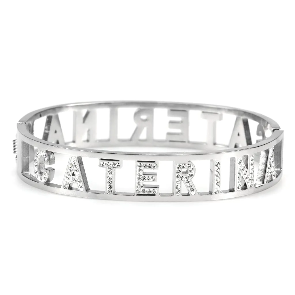 Flowers Bracciale Rigido in Acciaio con Nome Caterina 2 e Zirconi, Argento, 19 cm - immagine 1