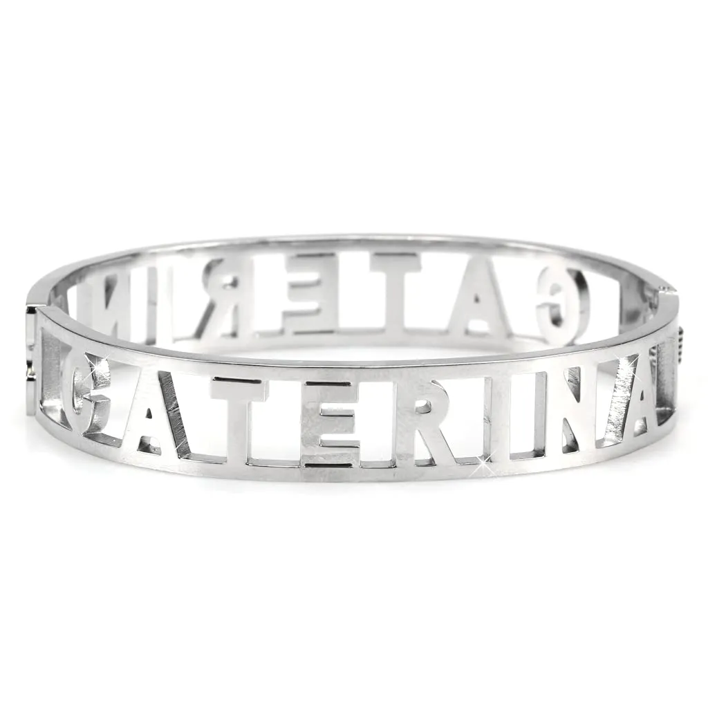 Flowers Bracciale Rigido in Acciaio con Nome Caterina 2 e Zirconi, Argento, 19 cm - immagine 2