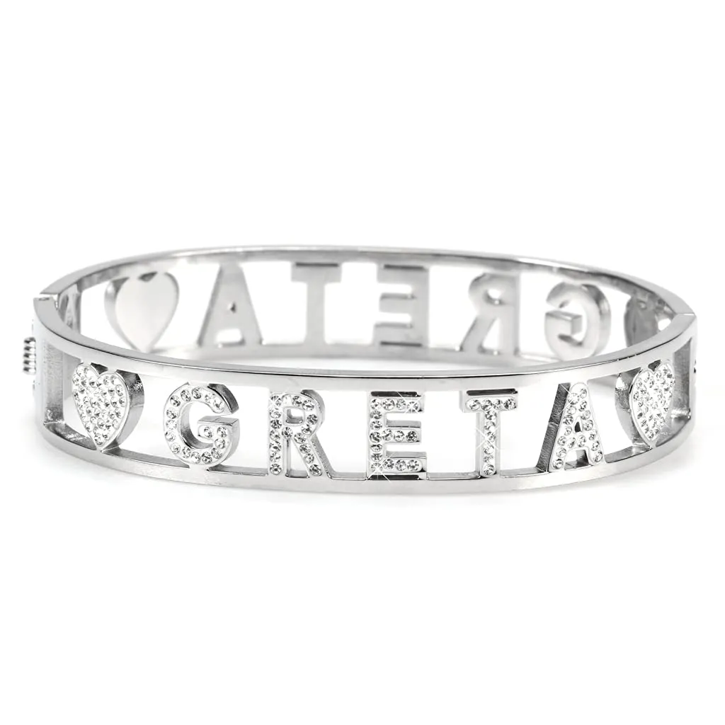 Flowers Bracciale Rigido in Acciaio con Nome Greta e Zirconi, Chiusura a Molla - immagine 1