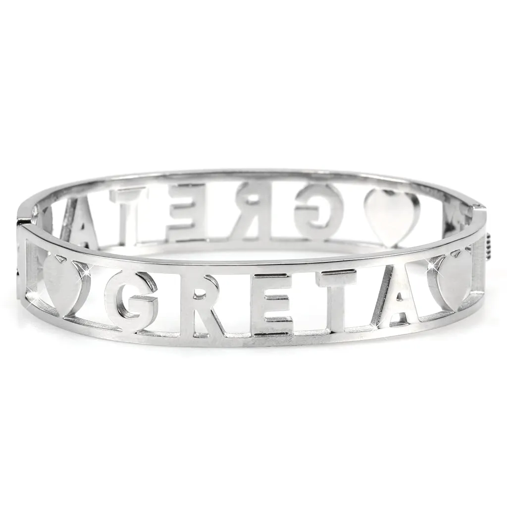 Flowers Bracciale Rigido in Acciaio con Nome Greta e Zirconi, Chiusura a Molla - immagine 2