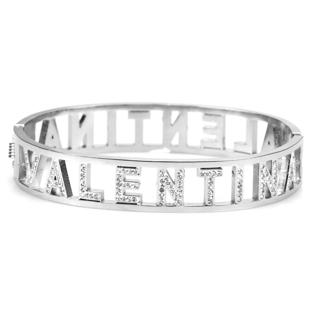 Flowers Bracciale Rigido in Acciaio con Nome e Zirconi, Donna, Chiusura a Molla, Argento - immagine 1