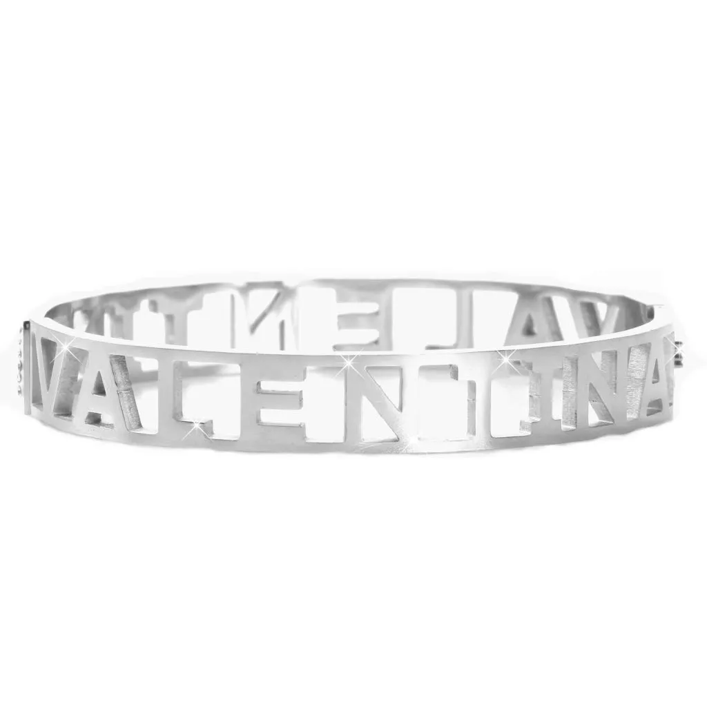 Flowers Bracciale Rigido in Acciaio con Nome e Zirconi, Donna, Chiusura a Molla, Argento - immagine 2