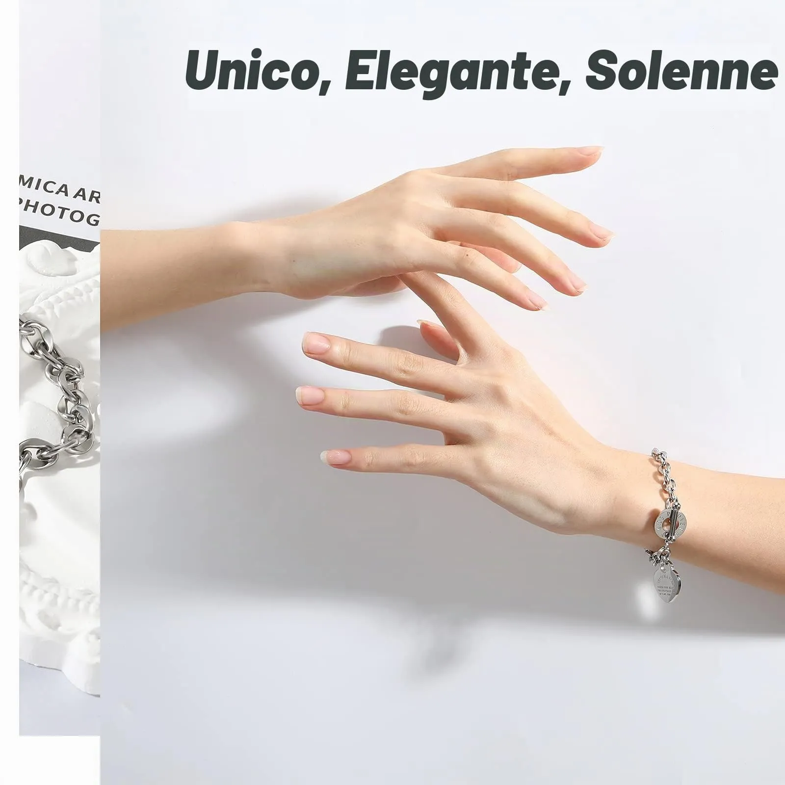 Emibele Braccialetto da Donna in Acciaio Inossidabile con Ciondolo a Cuore, Argento - immagine 2