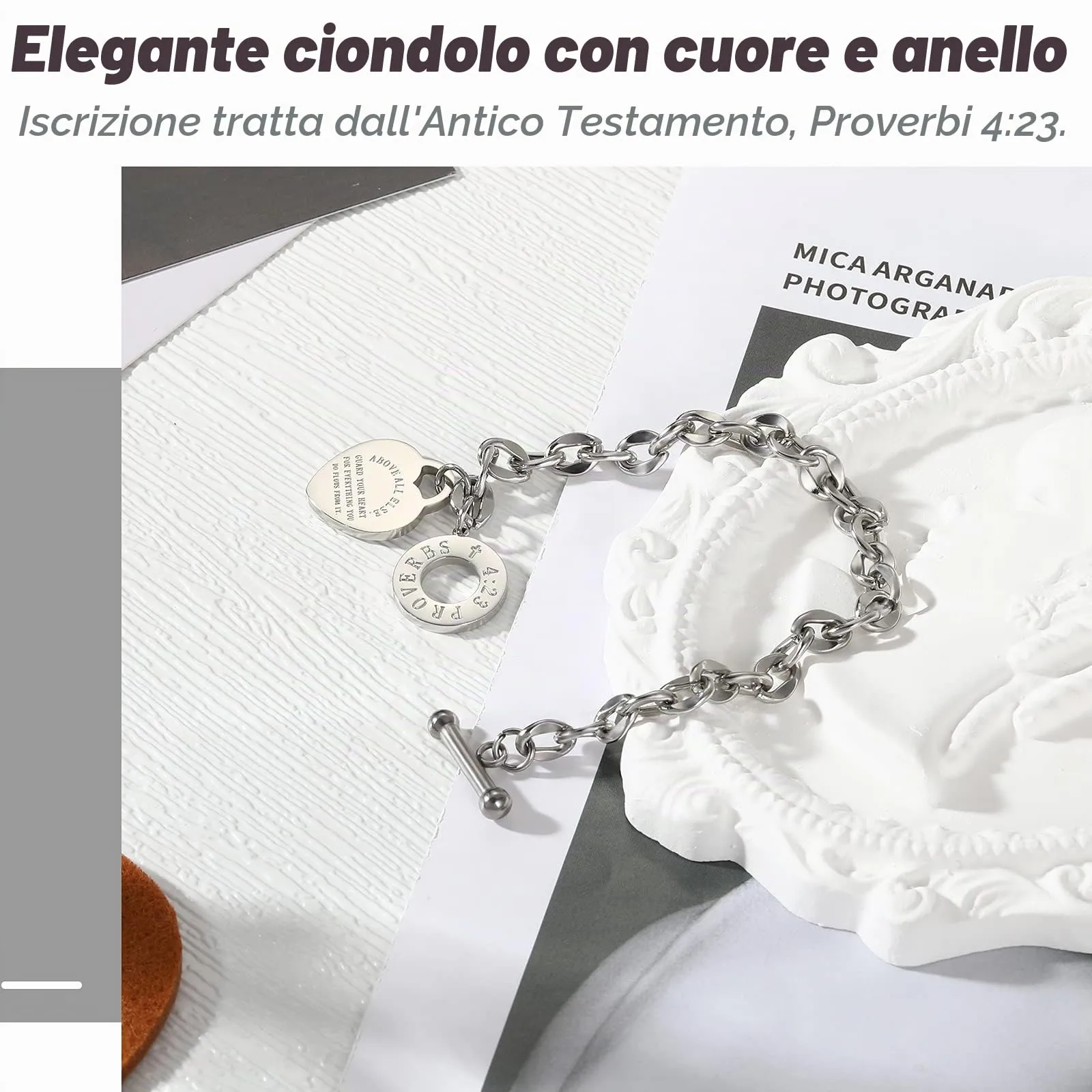 Emibele Braccialetto da Donna in Acciaio Inossidabile con Ciondolo a Cuore, Argento - immagine 3