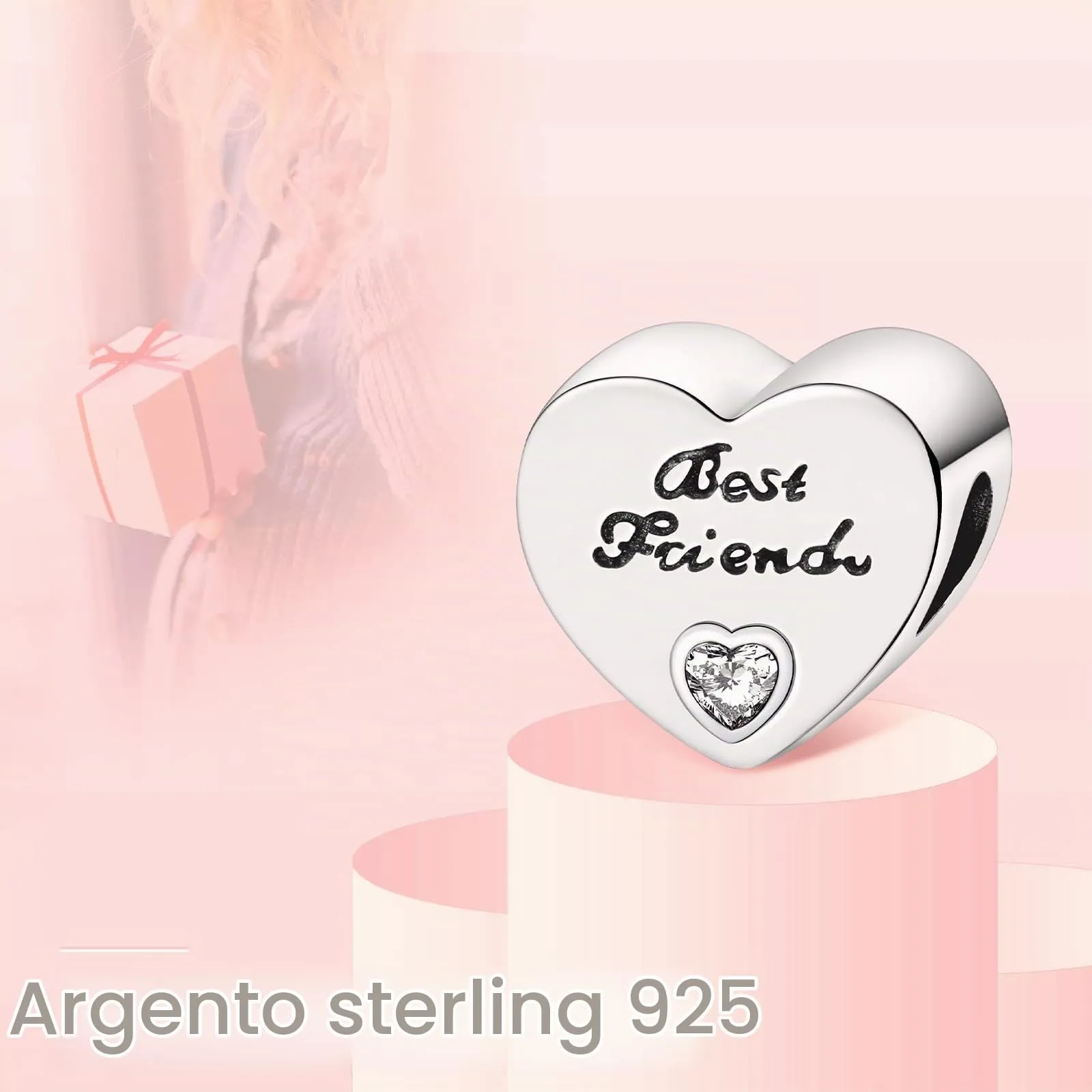 Annmors Ciondolo a Cuore Migliori Amiche in Argento 925 con Zirconia Cubica per Bracciale Charm - immagine 2