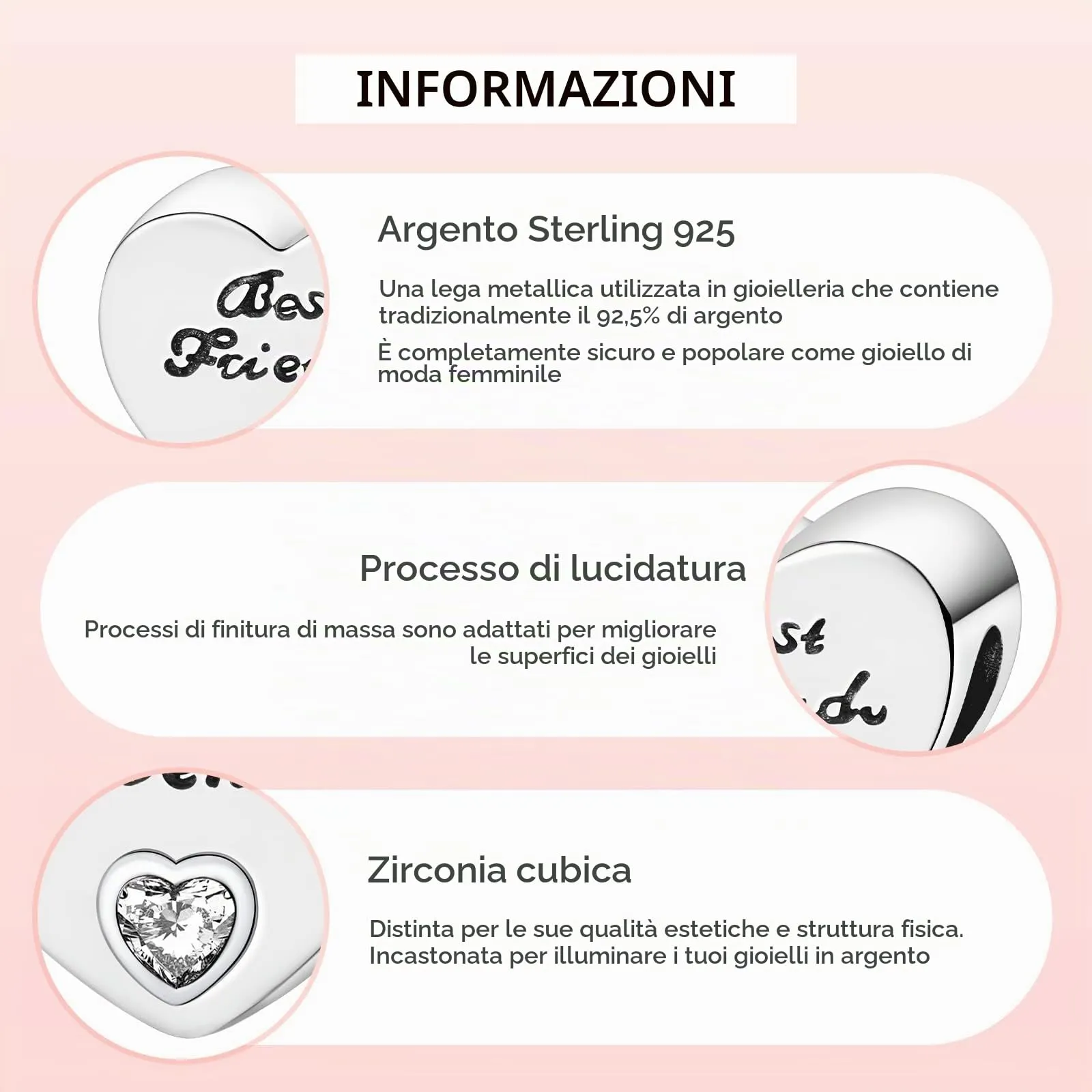 Annmors Ciondolo a Cuore Migliori Amiche in Argento 925 con Zirconia Cubica per Bracciale Charm - immagine 4