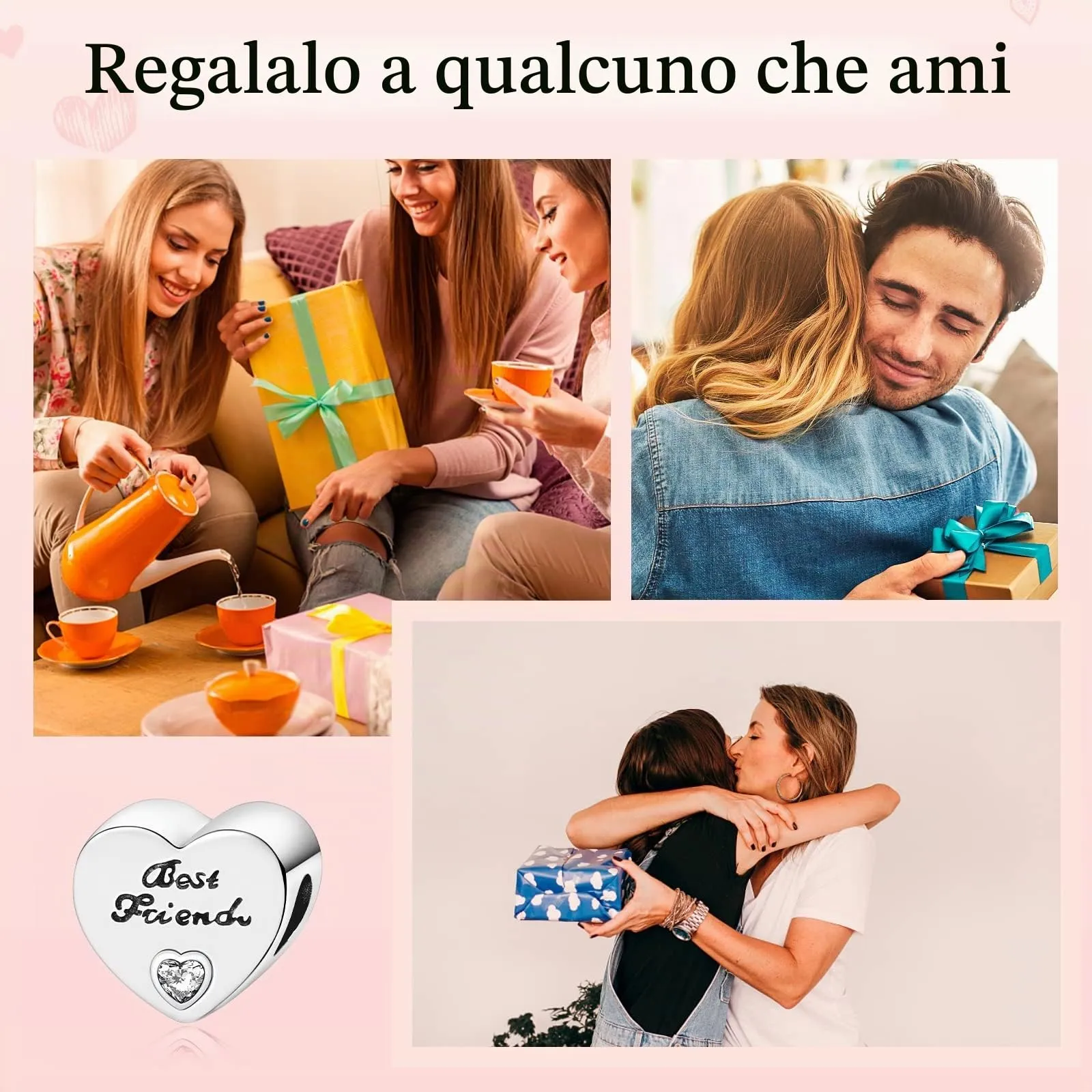Annmors Ciondolo a Cuore Migliori Amiche in Argento 925 con Zirconia Cubica per Bracciale Charm - immagine 5