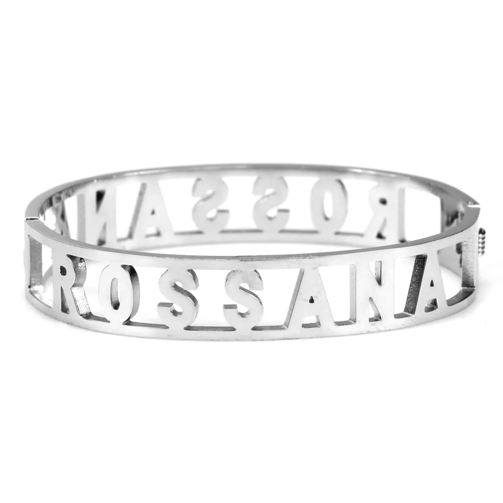 Flowers Bracciale Rigido in Acciaio con Nome e Zirconi, Chiusura a Molla (Rossana 2) - immagine 2