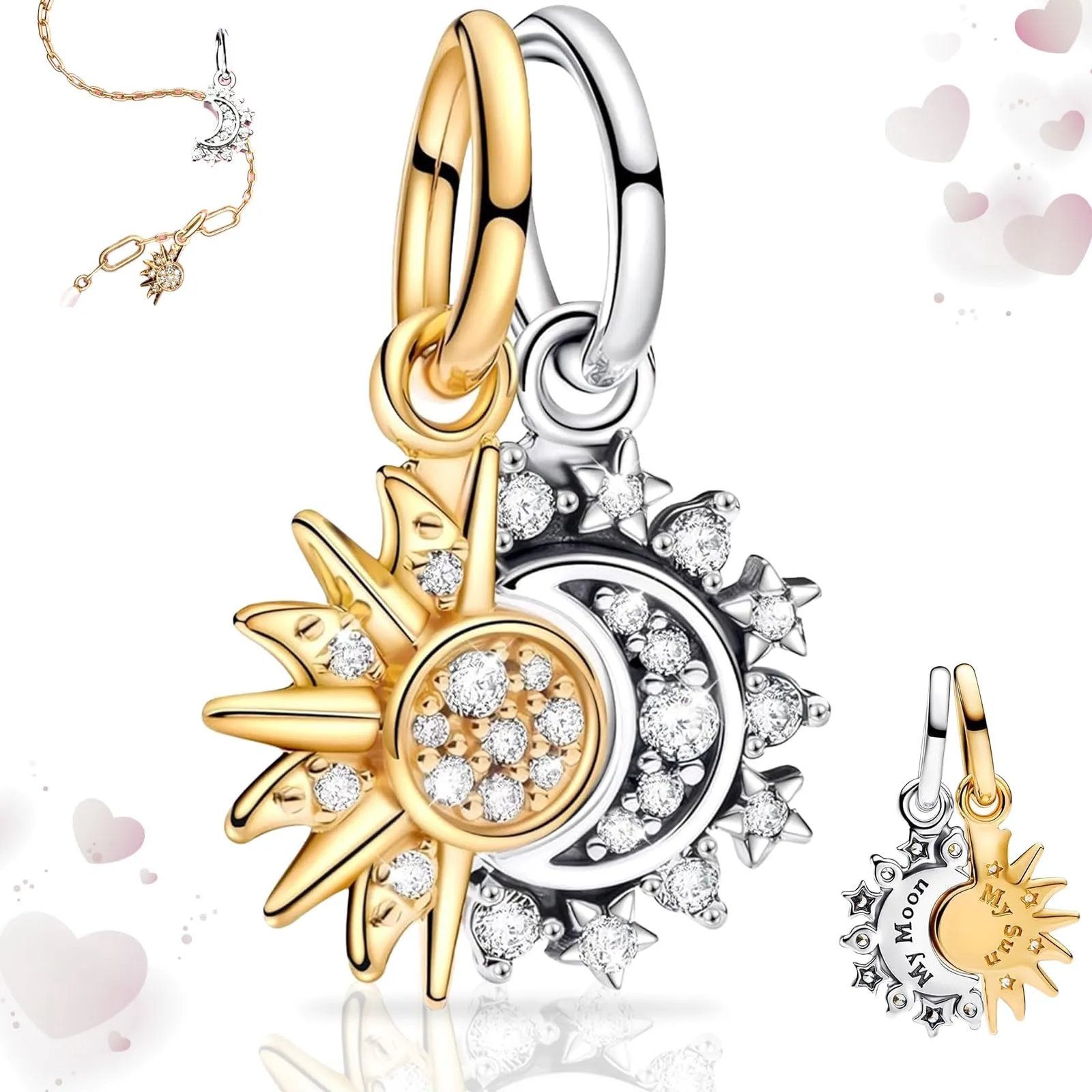SoundZero Ciondolo Sole Luna in Argento 925 per Donna, Compatibile con Bracciali e Collane Europei - immagine 1