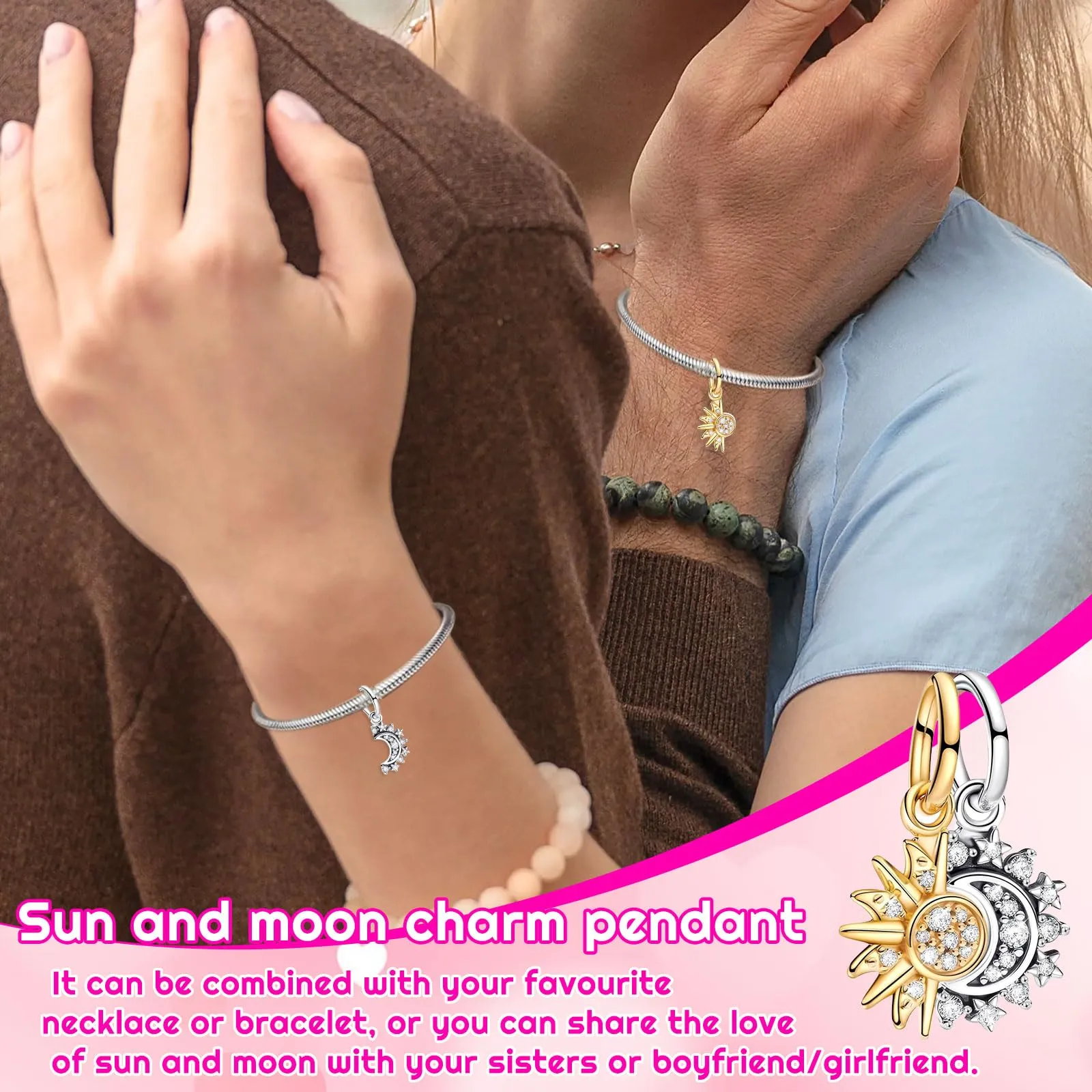 SoundZero Ciondolo Sole Luna in Argento 925 per Donna, Compatibile con Bracciali e Collane Europei - immagine 4