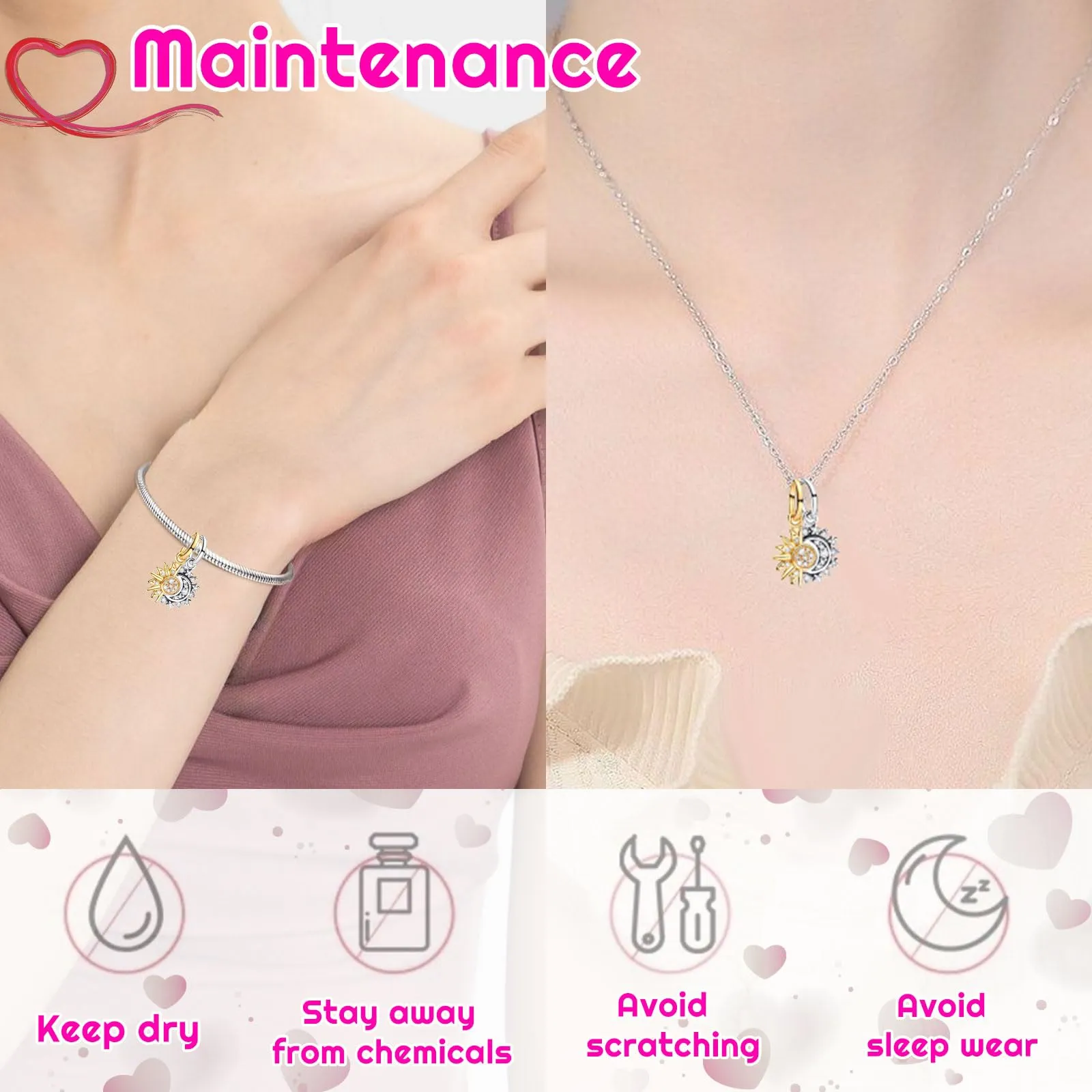 SoundZero Ciondolo Sole Luna in Argento 925 per Donna, Compatibile con Bracciali e Collane Europei - immagine 6