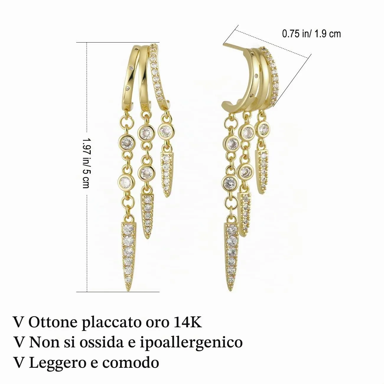Emibele Orecchini Pendenti a Cerchio con Catena Placcati in Oro 14K - immagine 7