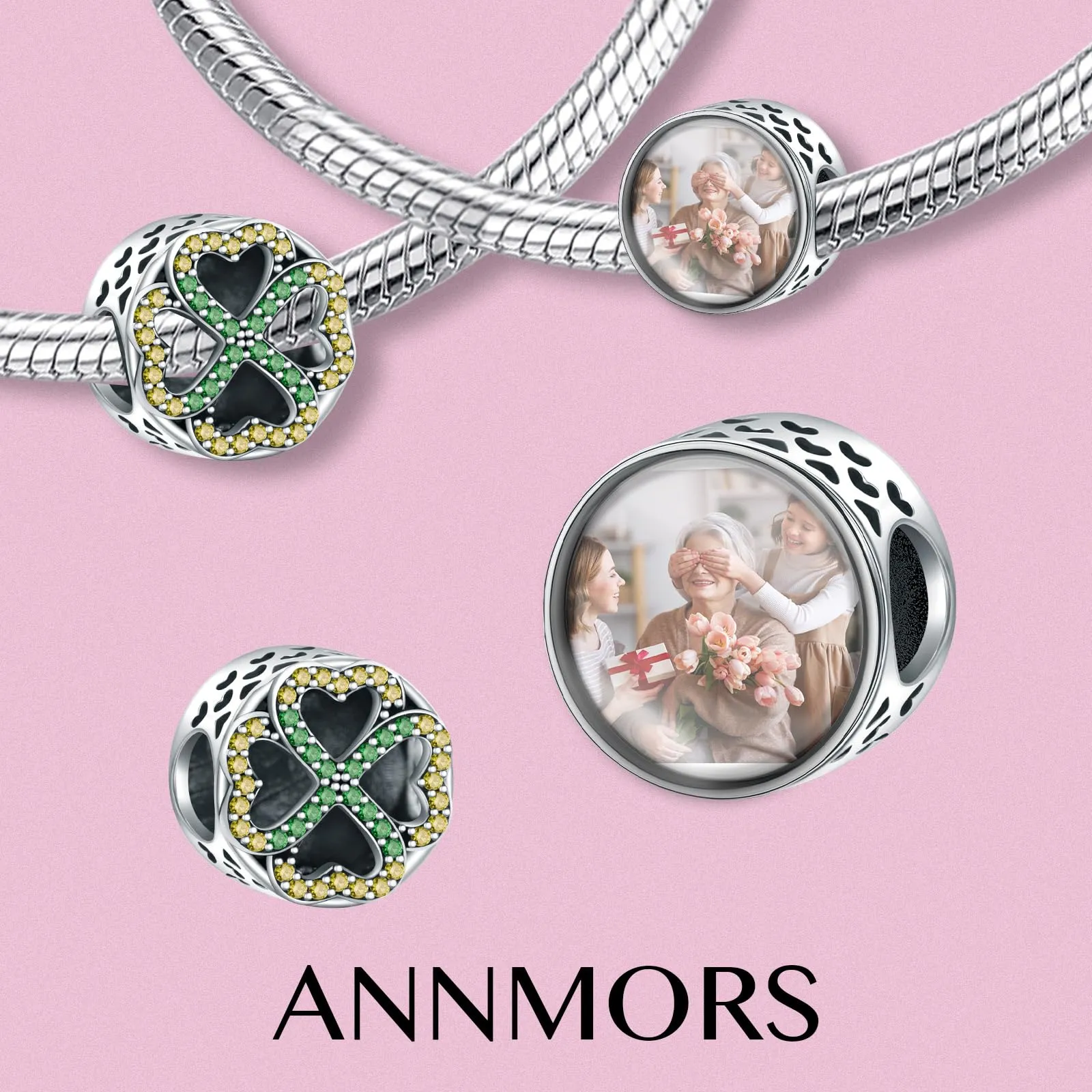 Annmors 925 Sterling Silver Clover Custom Image Charm for Women's Bracelet and Necklace - immagine 2