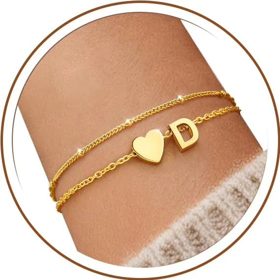 J.Fée Bracciale Donna in Argento 925 Placcato Oro con Iniziale e Cuore a Doppio Strato, 16 cm - immagine 1