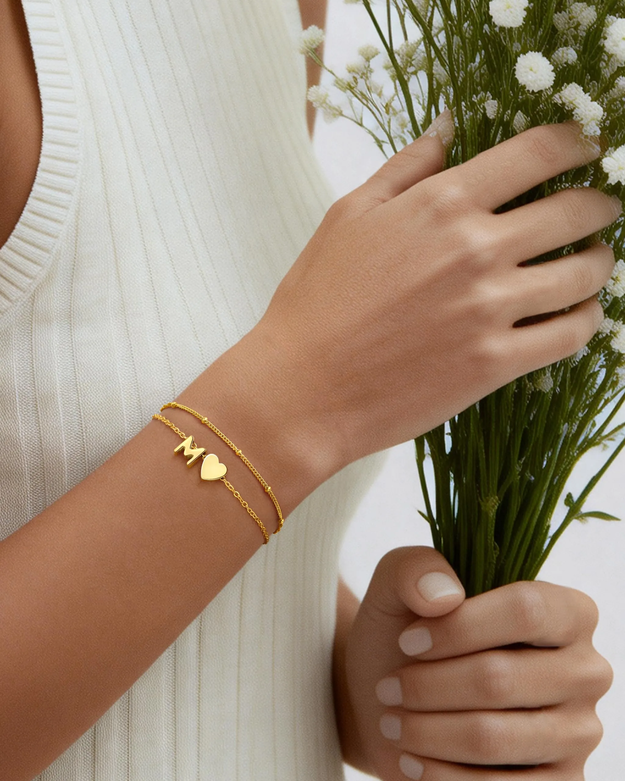 J.Fée Bracciale Donna in Argento 925 Placcato Oro con Iniziale e Cuore, Design a Strati, Regolabile - immagine 5