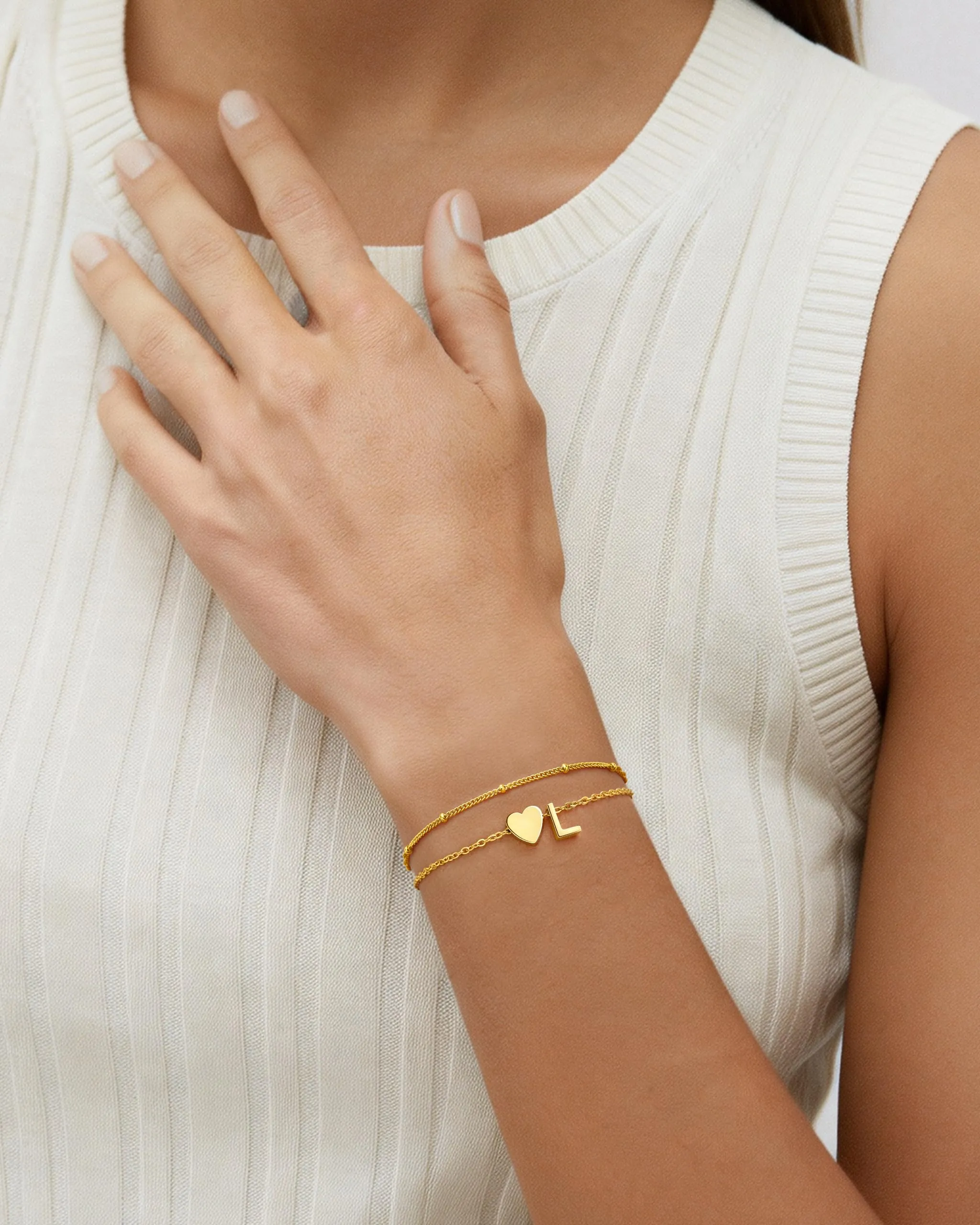 J.Fée Bracciale Donna in Argento 925 Placcato Oro 14k con Iniziale B e Cuore, Design a Doppio Strato, 16 cm - immagine 2