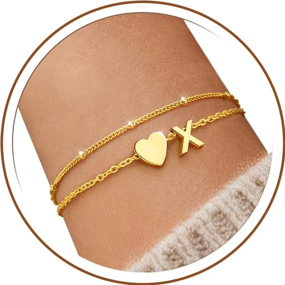 J.Fée Bracciale Donna in Argento 925 Placcato Oro, Design a Strati con Iniziale X e Cuore, 16 cm - immagine 1