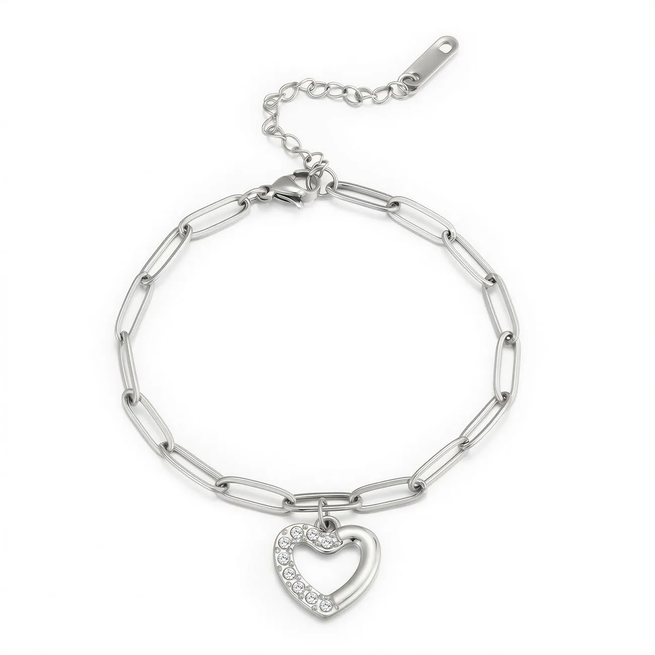 Emibele Bracciale Cuore in Acciaio Inossidabile Argento con Zirconia Cubica, Regolabile - immagine 1