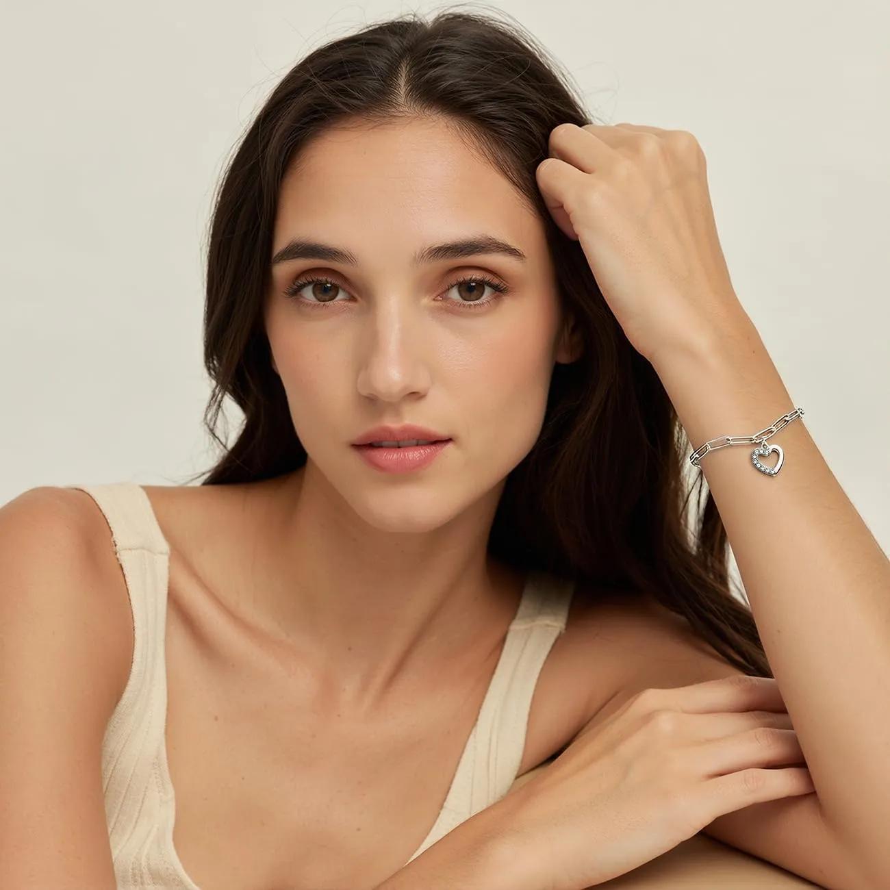 Emibele Bracciale Cuore in Acciaio Inossidabile Argento con Zirconia Cubica, Regolabile - immagine 4