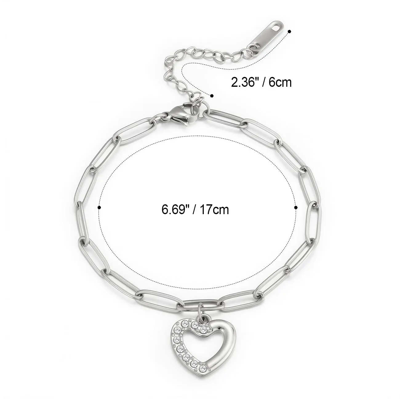 Emibele Bracciale Cuore in Acciaio Inossidabile Argento con Zirconia Cubica, Regolabile - immagine 6