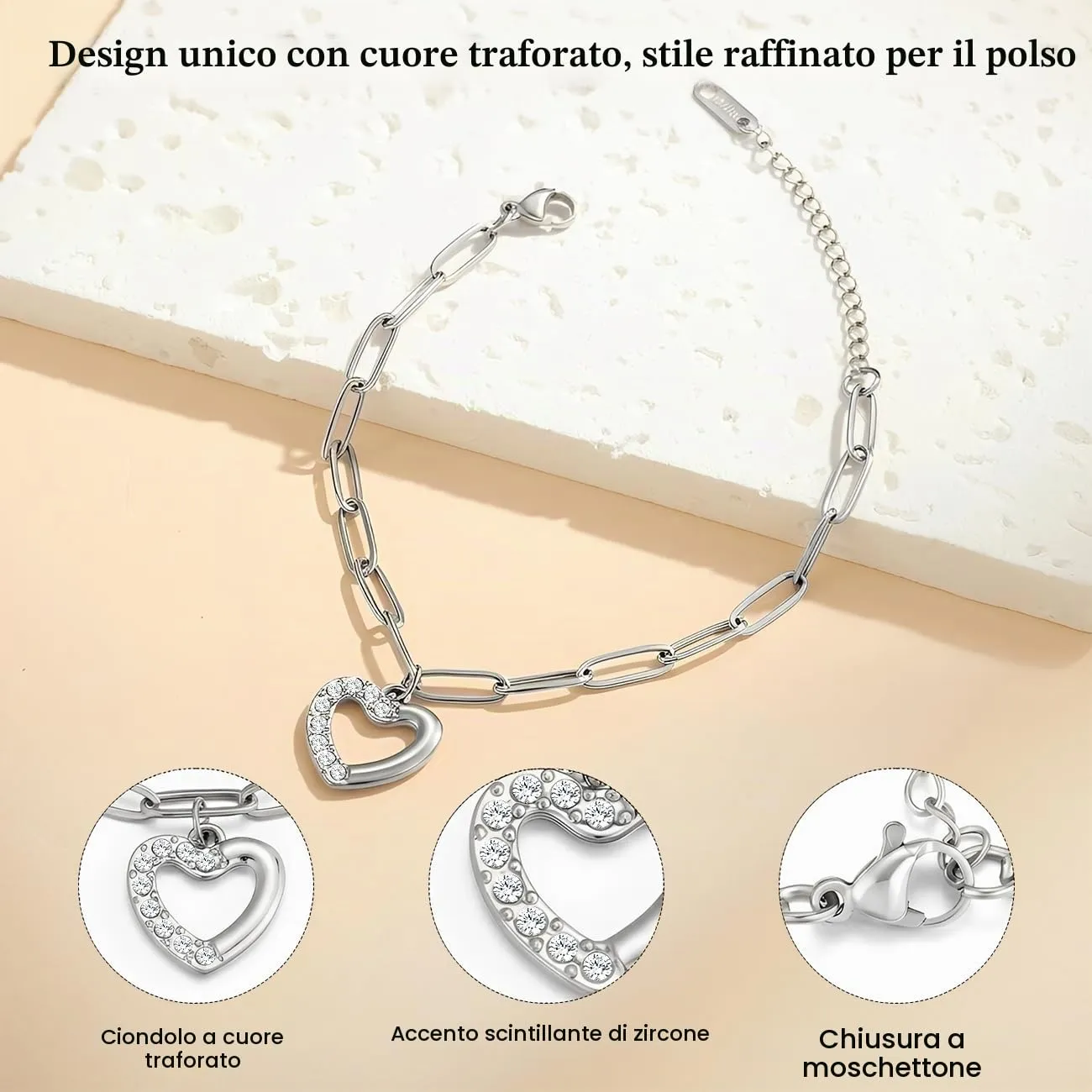 Emibele Bracciale Cuore in Acciaio Inossidabile Argento con Zirconia Cubica, Regolabile - immagine 7