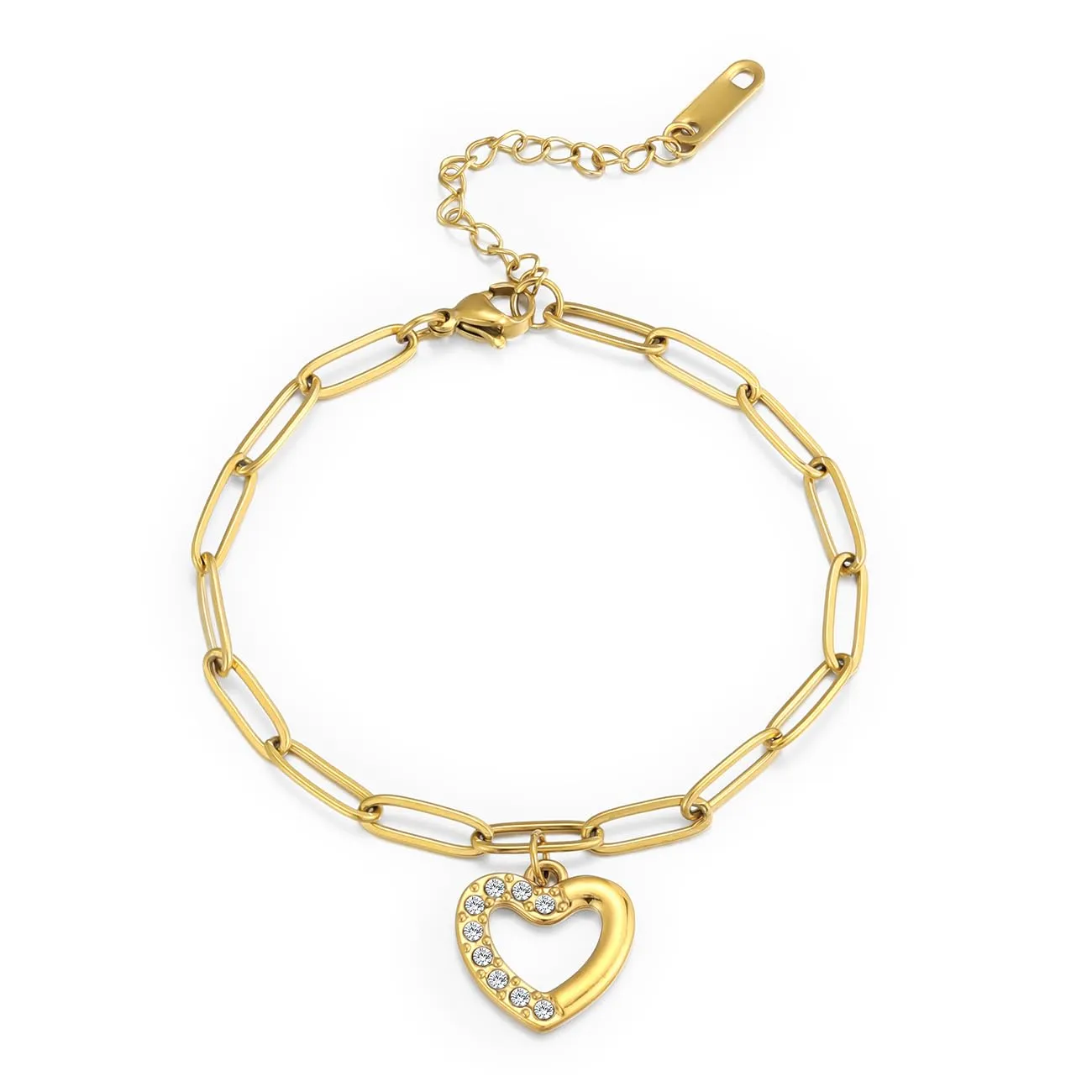 Emibele Bracciale per Donne in Acciaio Inossidabile Placcato Oro 14K con Ciondolo Cuore Cavo e Zirconia, Regolabile - immagine 1