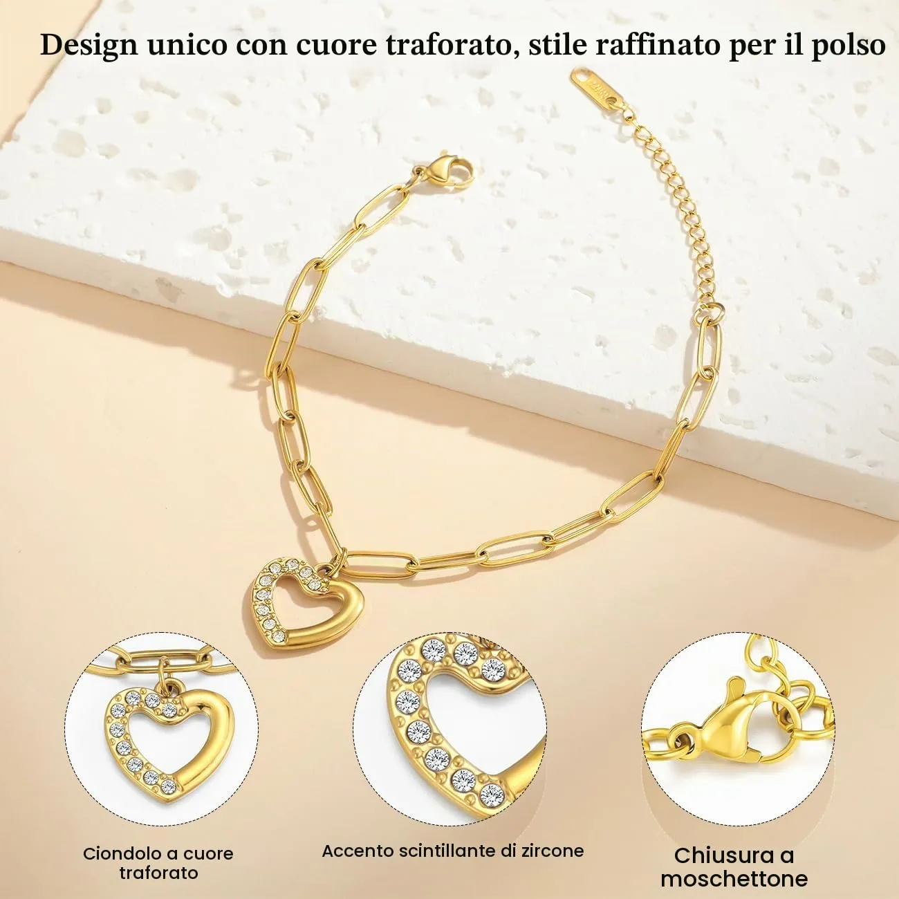 Emibele Bracciale per Donne in Acciaio Inossidabile Placcato Oro 14K con Ciondolo Cuore Cavo e Zirconia, Regolabile - immagine 7