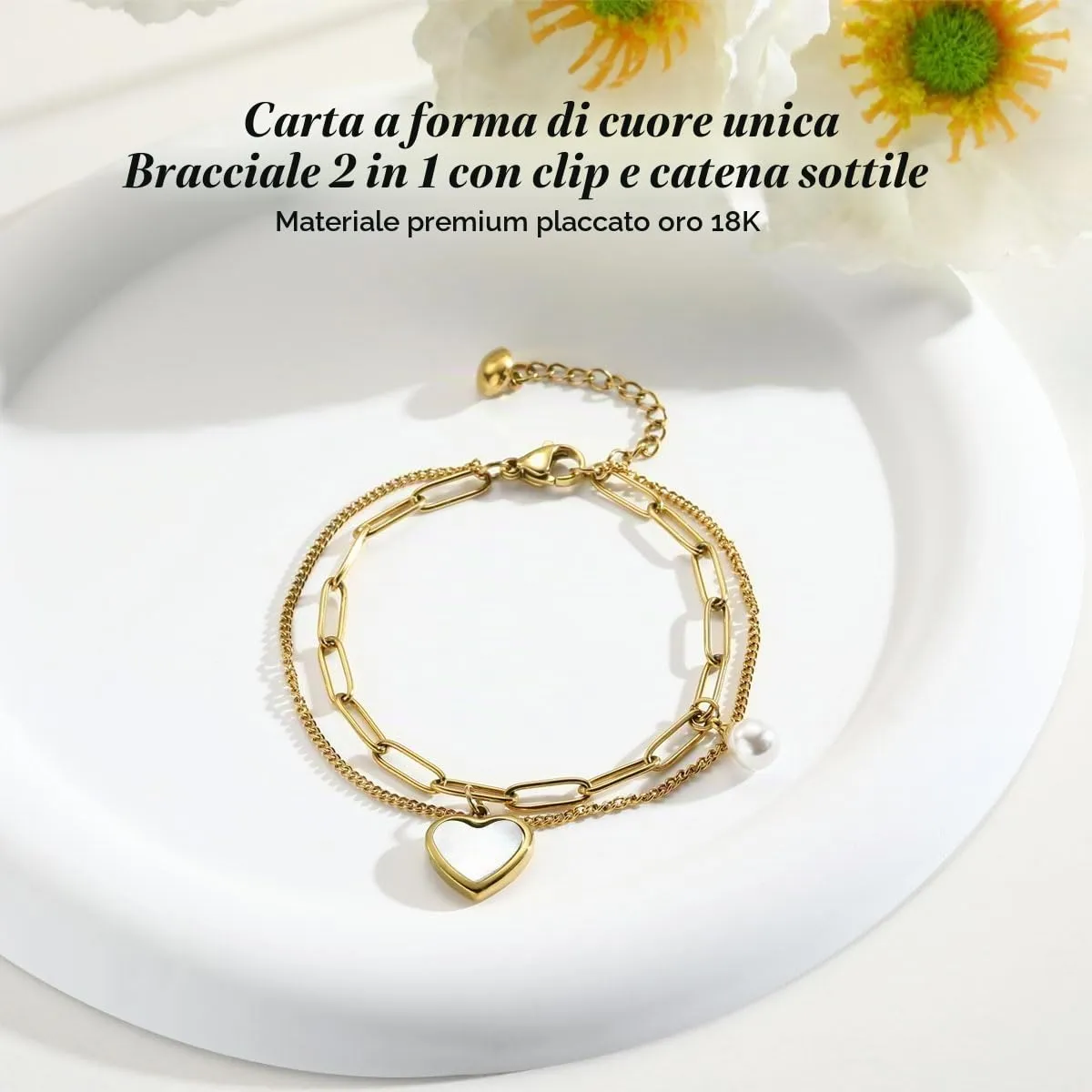 Emibele Bracciale a Cuore in Titanio Placcato Oro 18 Carati con Chiusura a Moschettone - immagine 6