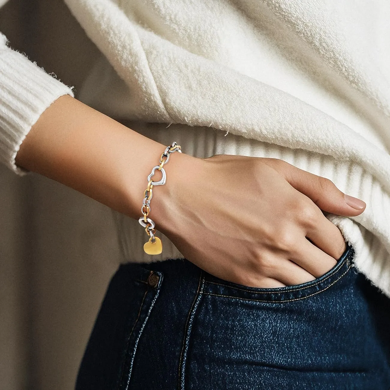 Emibele Bracciale con Ciondolo a Cuore in Acciaio Inossidabile, Oro e Argento - immagine 2