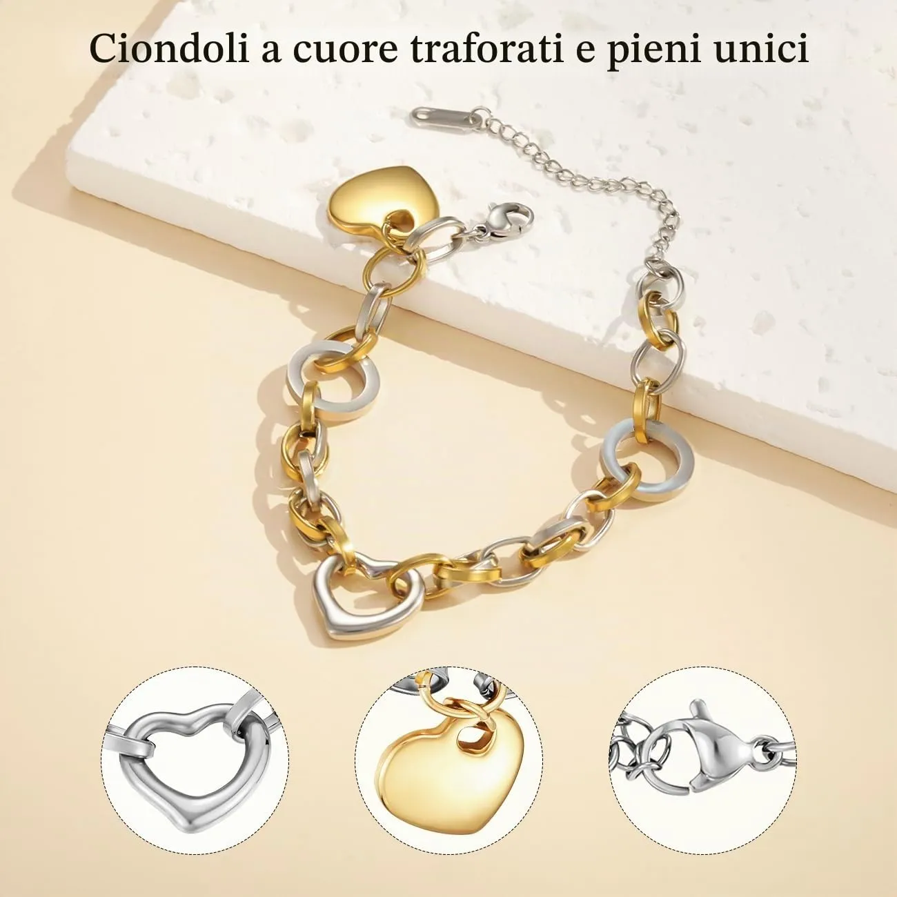 Emibele Bracciale con Ciondolo a Cuore in Acciaio Inossidabile, Oro e Argento - immagine 7