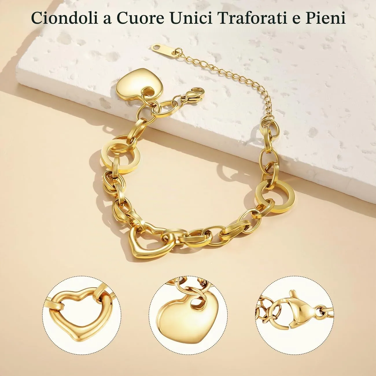 Emibele Bracciale con Ciondolo a Cuore in Acciaio Inossidabile, Colore Oro - immagine 7