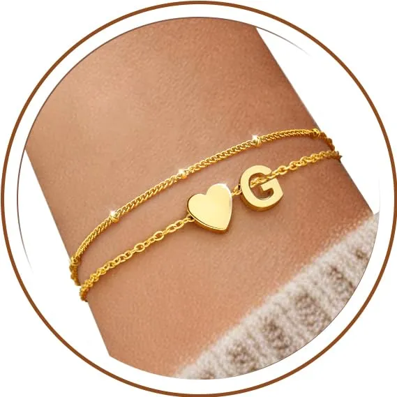 J.Fée Bracciale Donna in Argento 925 Placcato Oro 14k con Iniziale G e Ciondoli a Cuore, Doppio Strato, 16 cm - immagine 1
