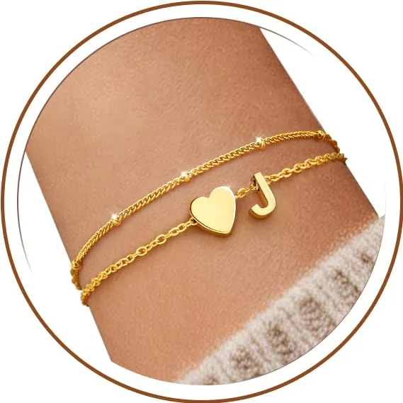 J.Fée Bracciale Donna in Argento 925 Placcato Oro 14k a Doppio Strato con Iniziale J e Cuore - immagine 1