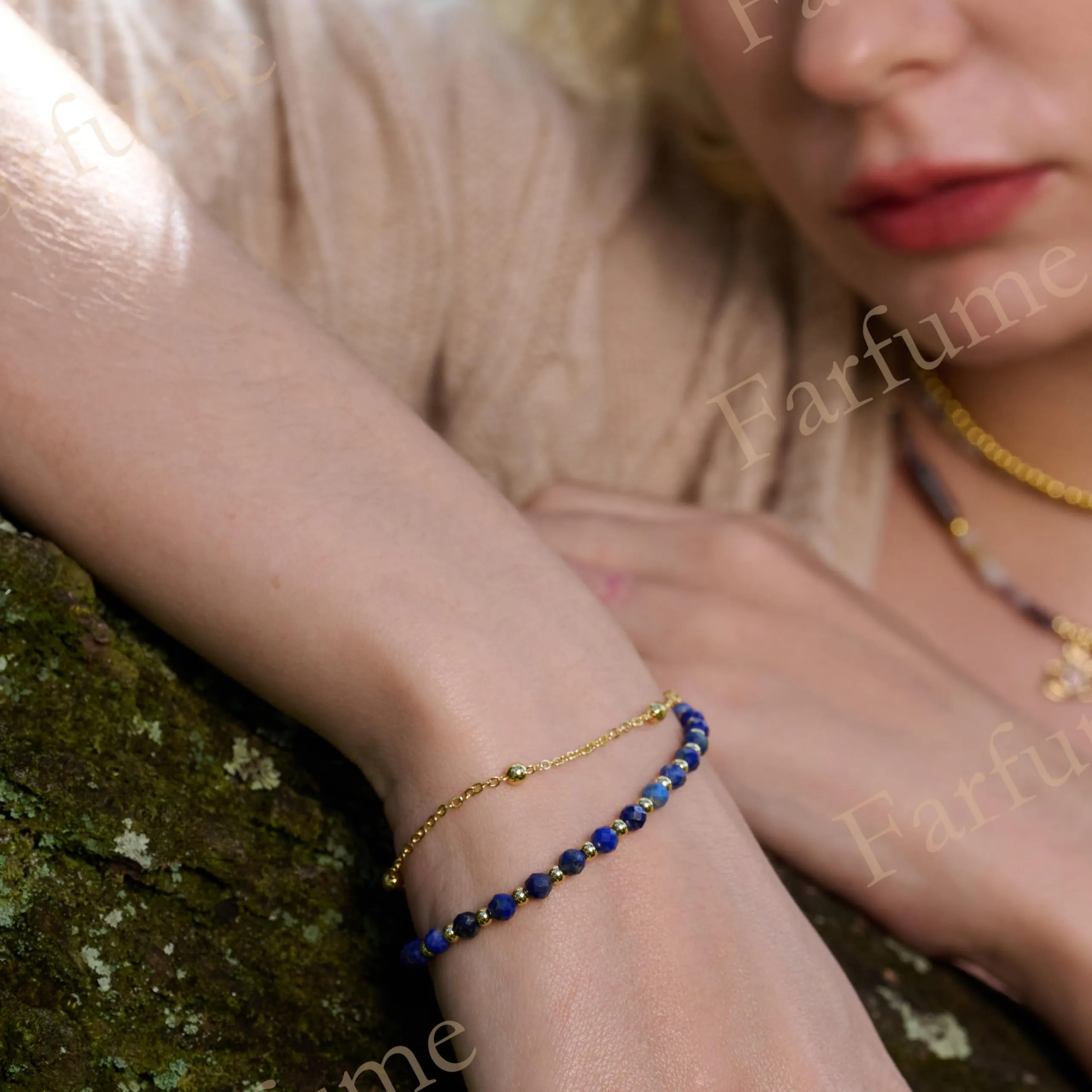 Farfume Bracciale in Lapislazzuli e Pietre Naturali per Donna, Perle da 4mm e Separatori Placcati Oro 18K - immagine 2