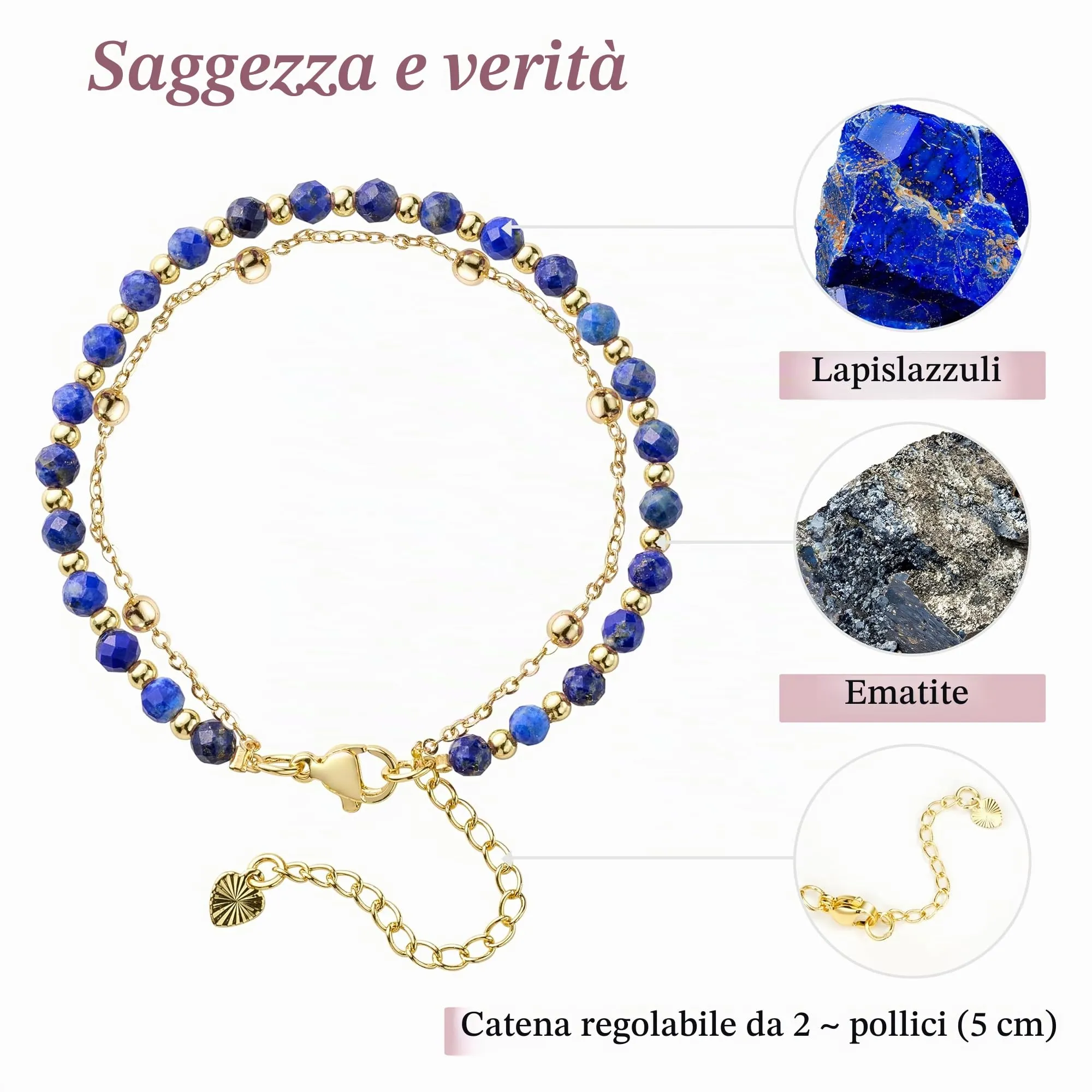 Farfume Bracciale in Lapislazzuli e Pietre Naturali per Donna, Perle da 4mm e Separatori Placcati Oro 18K - immagine 4