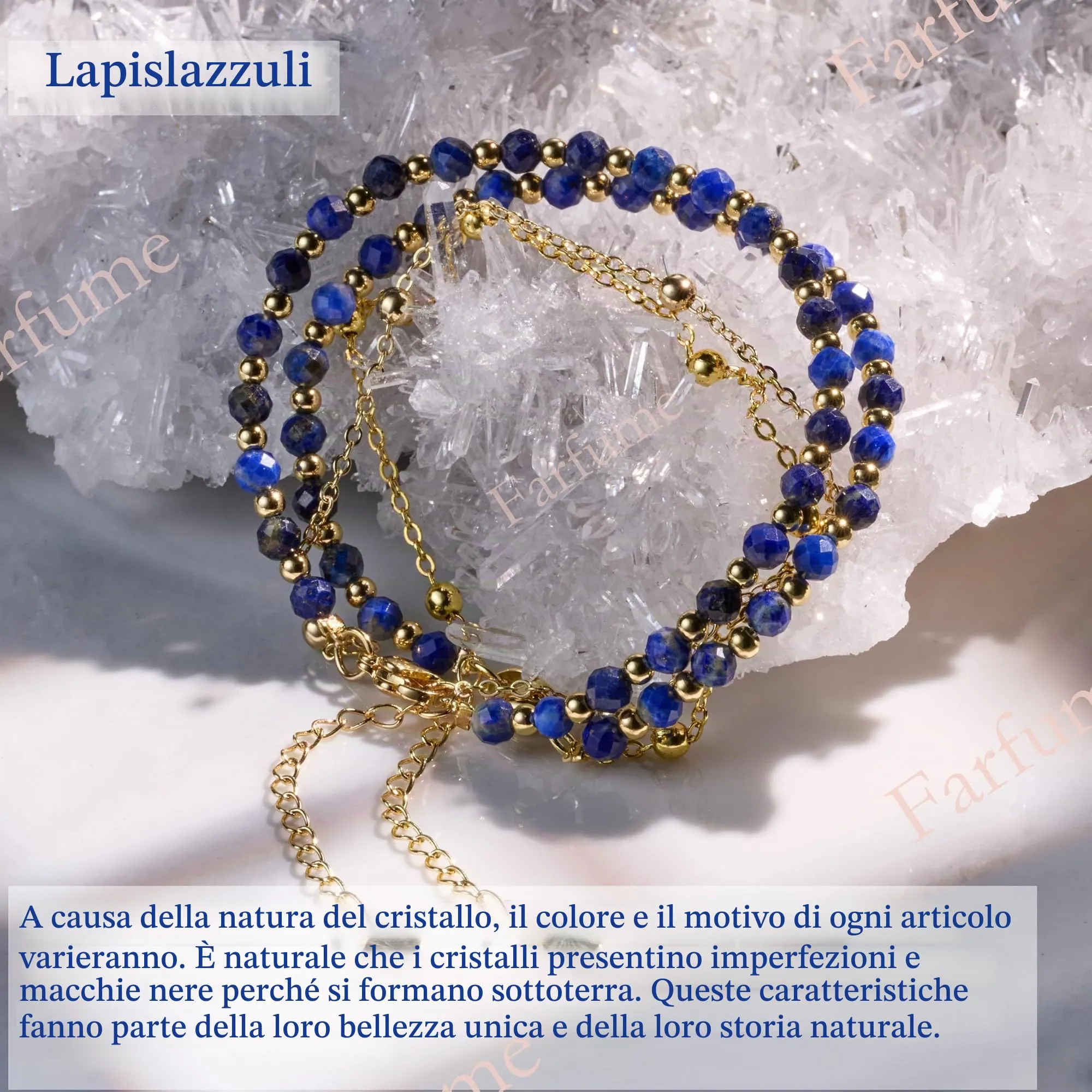 Farfume Bracciale in Lapislazzuli e Pietre Naturali per Donna, Perle da 4mm e Separatori Placcati Oro 18K - immagine 5