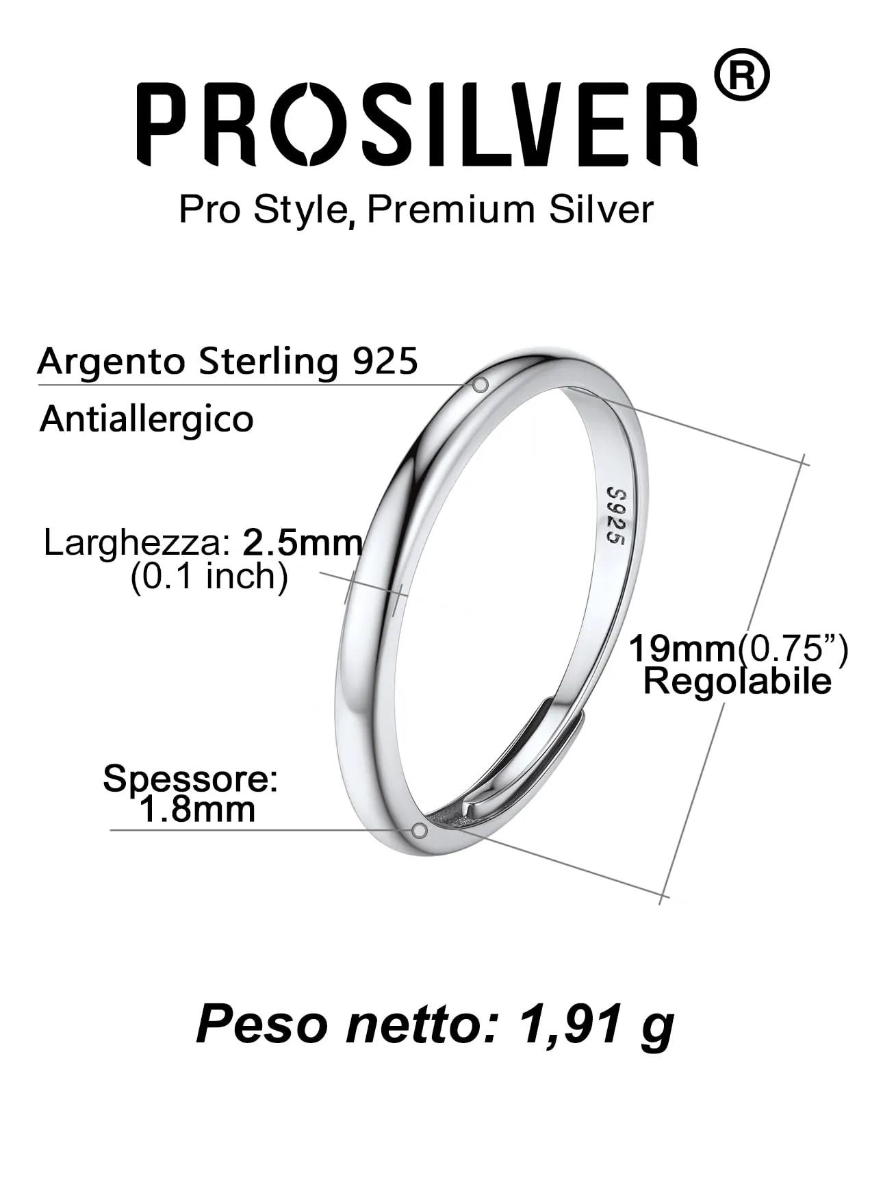 PROSILVER Anello Regolabile Donna in Argento 925, 2,5mm, Finitura Lucidata - immagine 4