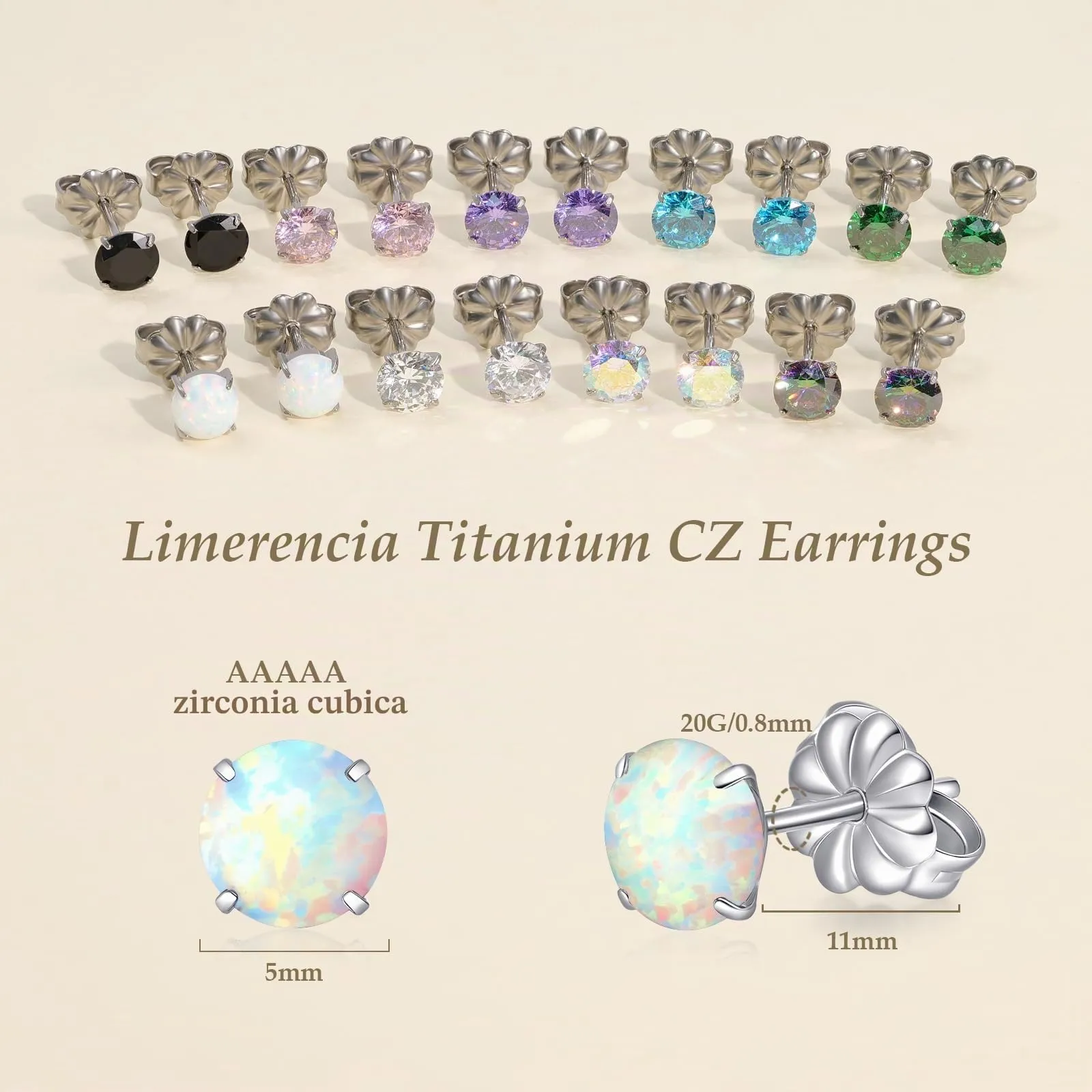 Limerencia Orecchini in Titanio G23 Anallergici, CZ Borchie 20G Flat Back per Cartilagine e Tragus, 5 mm, Opale - immagine 2