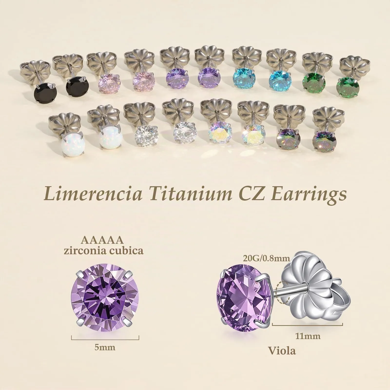 Limerencia Orecchini in Titanio G23 Anallergici con Zirconi, 20G Flat Back per Cartilagine e Tragus, 5mm, Viola - immagine 2
